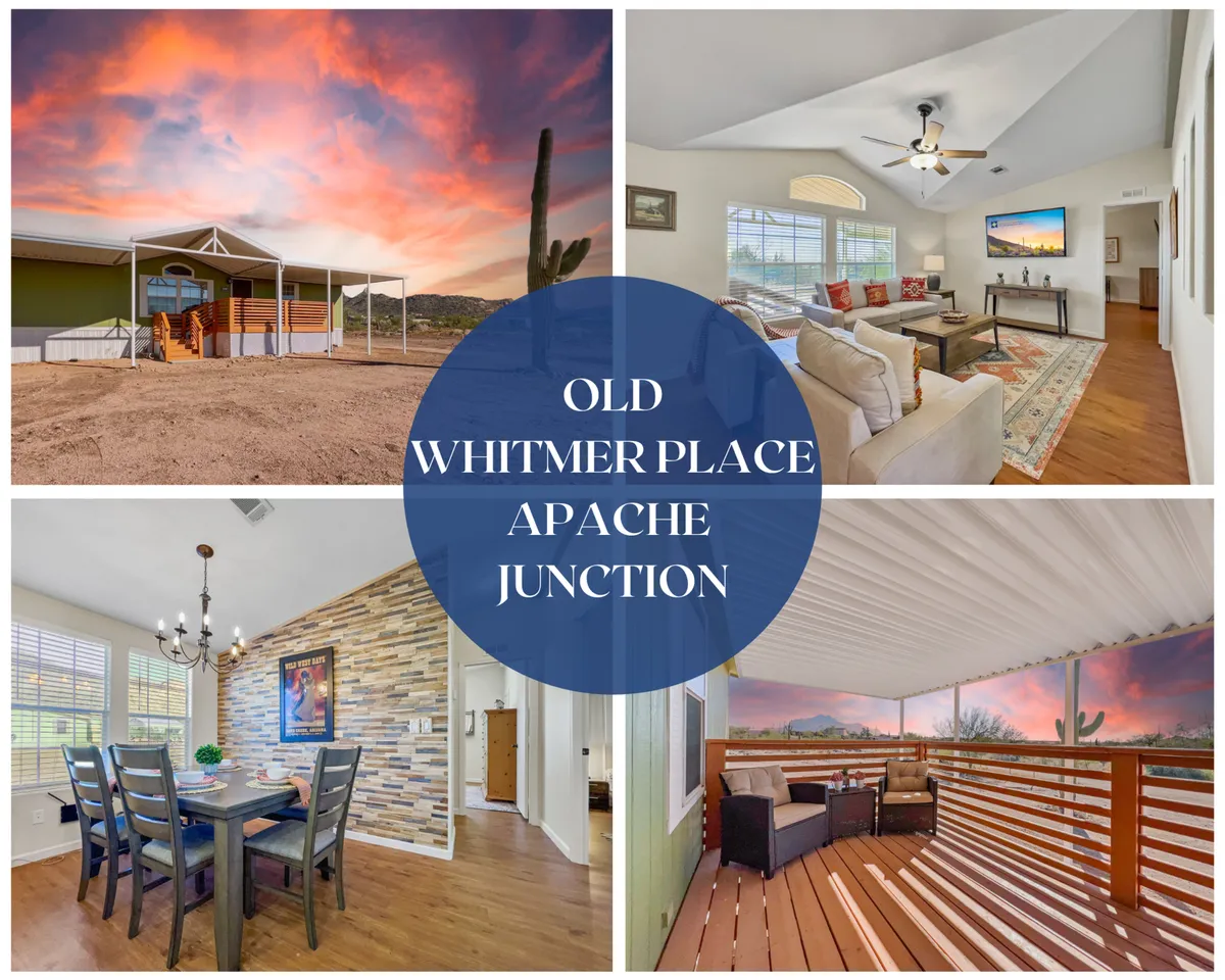 The hero image showcases a cozy mobile home set against a dramatic, vibrant sunset sky, with the iconic Superstition Mountains in the distance. The foreground highlights a spacious patio furnished for outdoor relaxation, inviting guests to soak in the desert landscape and evening colors.